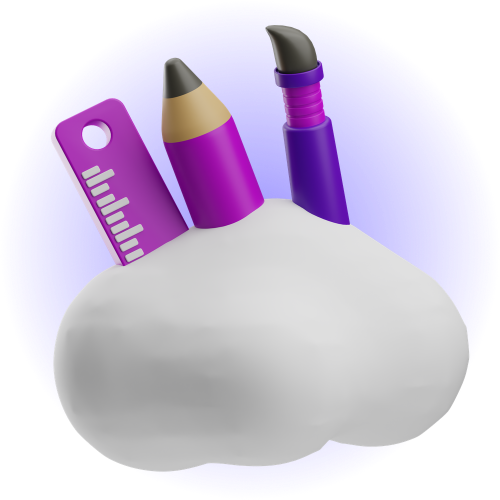 Illustration of a ruler, pencil, and paint brush in a cloud.