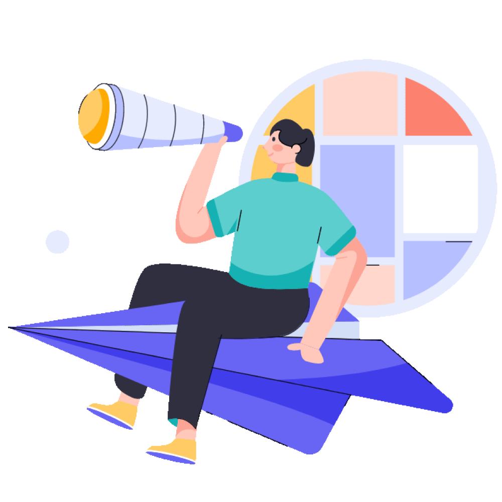 Illustration of a person sitting on a paper airplane looking through a telescope.