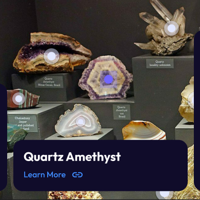 Several minerals in a case with dots overlaid on them. One dot is selected and reads "Quartz Amethyst"