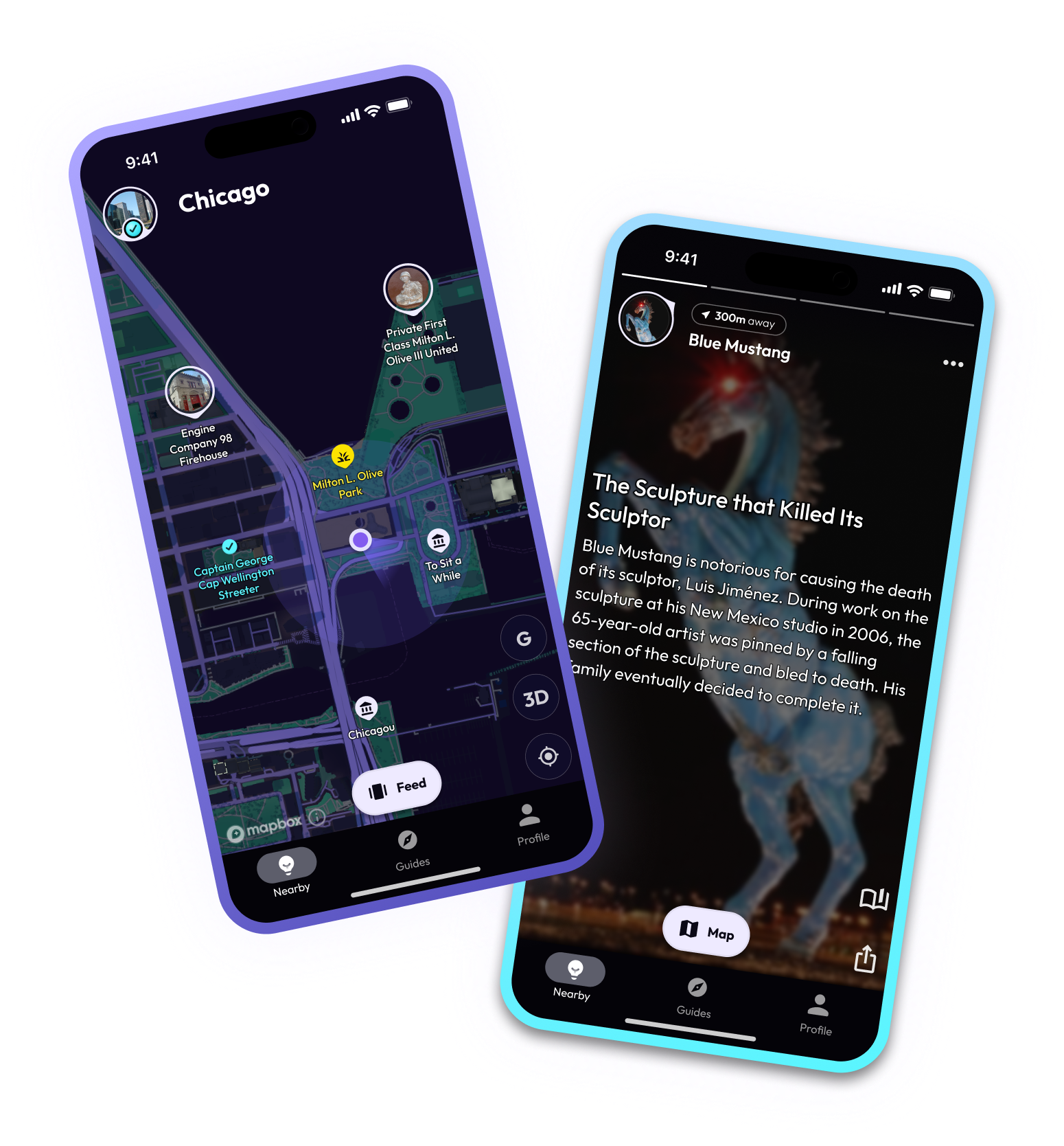Smartphone screen showing an app with information about the Amistad Memorial sculpture, describing its three sides representing captivity, trial, and freedom, with a background image of the sculpture.